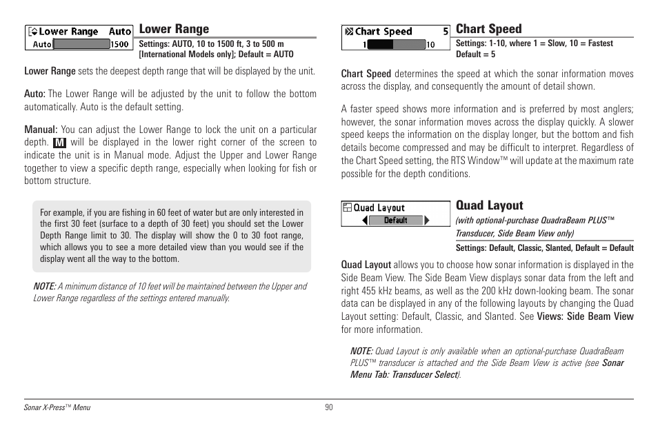 Lower range, Chart speed, Quad layout | Humminbird 998c SI User Manual | Page 100 / 160