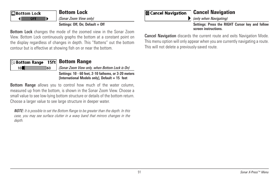 Bottom lock, Bottom range, Cancel navigation | Humminbird 998c SI User Manual | Page 101 / 160