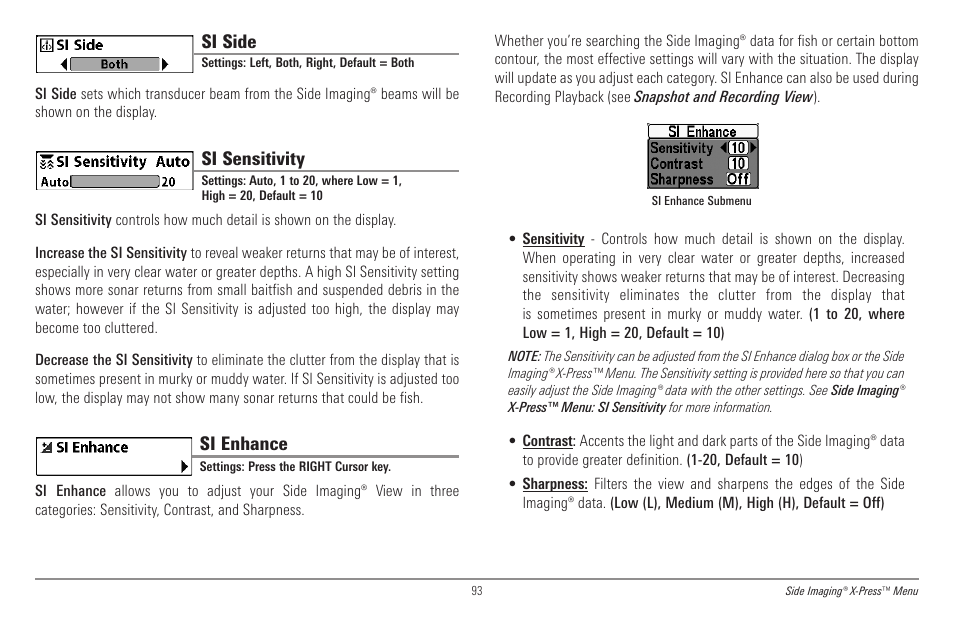 Si side, Si sensitivity, Si enhance | Humminbird 998c SI User Manual | Page 103 / 160