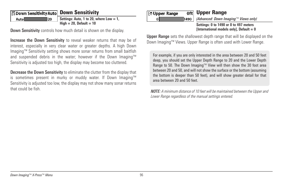 Down sensitivity, Upper range | Humminbird 998c SI User Manual | Page 106 / 160