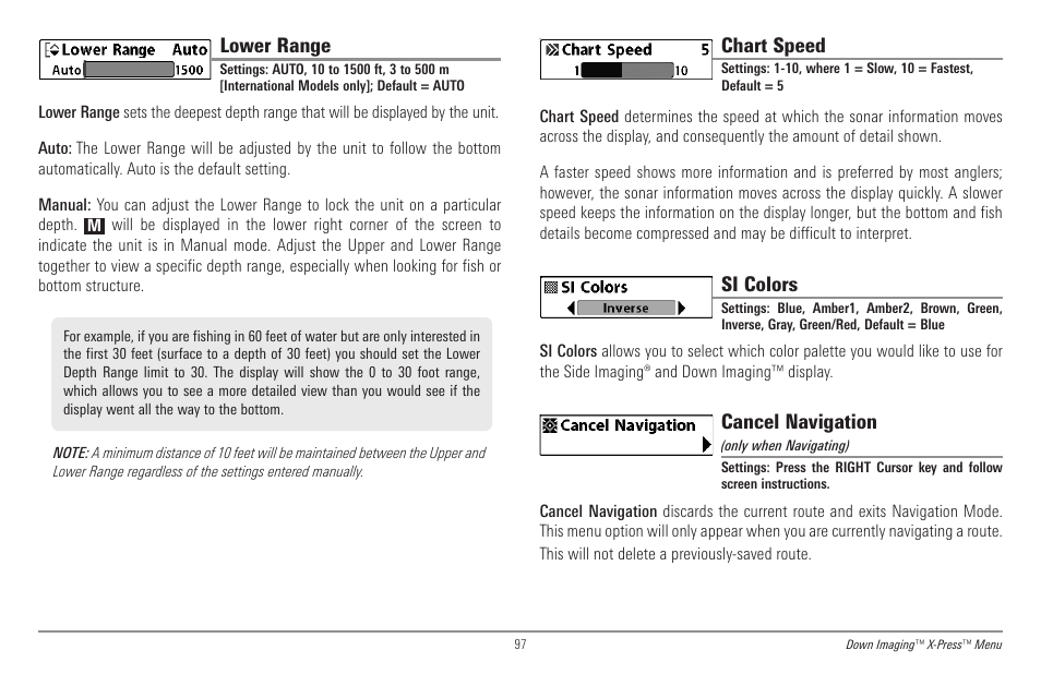 Lower range, Chart speed, Si colors | Cancel navigation | Humminbird 998c SI User Manual | Page 107 / 160
