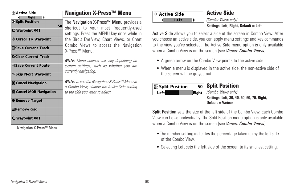 Navigation x-press™ menu, Active side, Split position | Humminbird 998c SI User Manual | Page 108 / 160