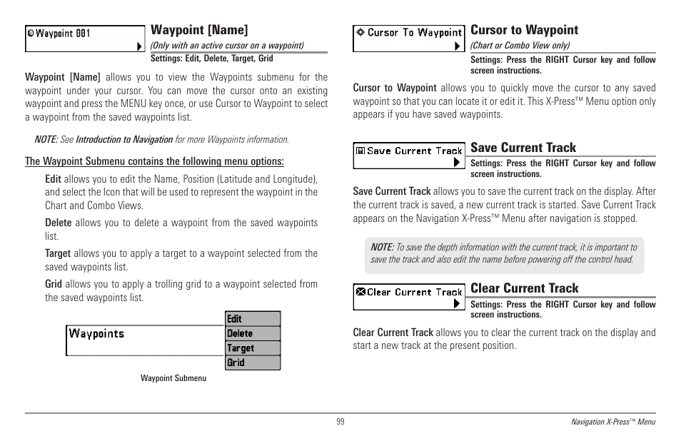 Waypoint [name, Cursor to waypoint, Save current track | Clear current track | Humminbird 998c SI User Manual | Page 109 / 160