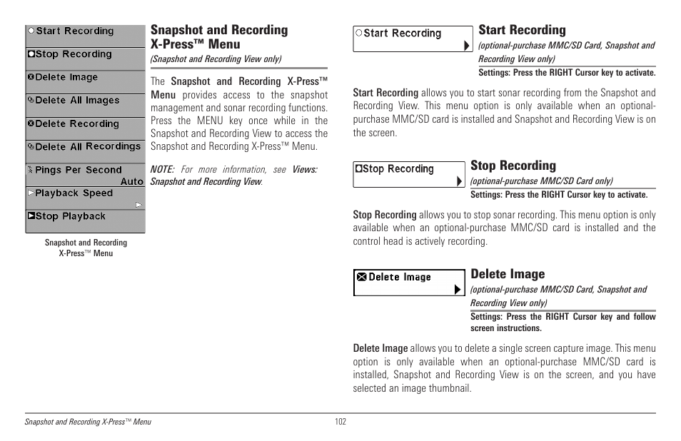 Snapshot and recording x-press™ menu, Start recording, Stop recording | Delete image | Humminbird 998c SI User Manual | Page 112 / 160