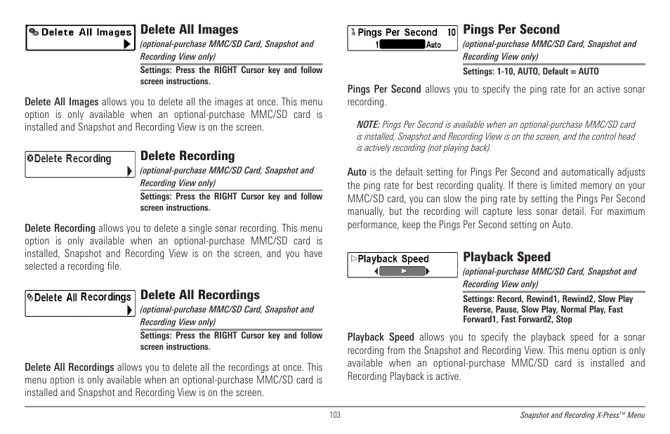 Delete all images, Delete recording, Delete all recordings | Pings per second, Playback speed | Humminbird 998c SI User Manual | Page 113 / 160