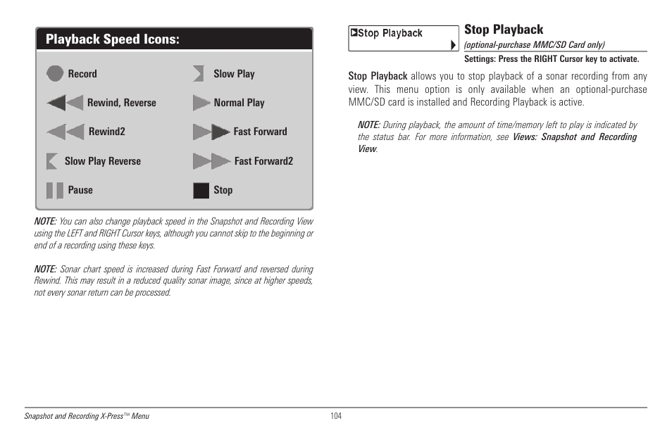 Stop playback, Playback speed icons | Humminbird 998c SI User Manual | Page 114 / 160