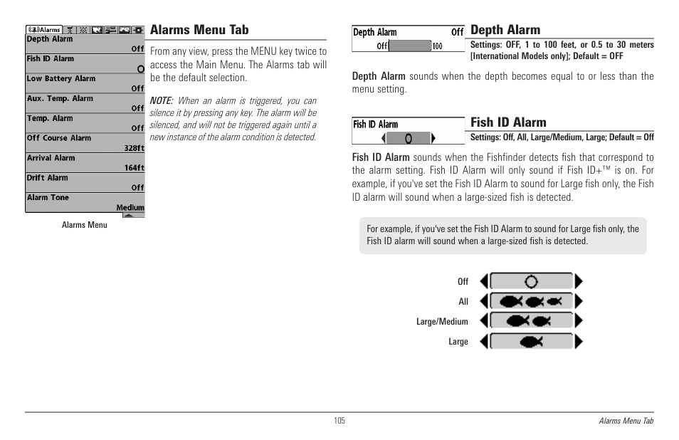 Alarms menu tab, Depth alarm, Fish id alarm | Humminbird 998c SI User Manual | Page 115 / 160