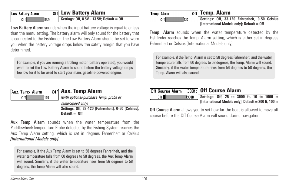 Low battery alarm, Aux. temp alarm, Temp. alarm | Off course alarm | Humminbird 998c SI User Manual | Page 116 / 160