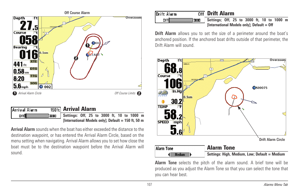 Arrival alarm, Drift alarm, Alarm tone | Humminbird 998c SI User Manual | Page 117 / 160