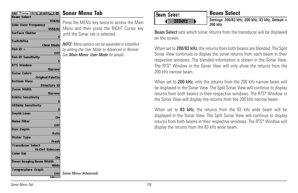 Sonar menu tab, Beam select | Humminbird 998c SI User Manual | Page 118 / 160