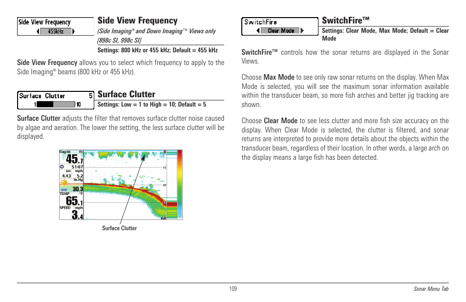 Side view frequency, Surface clutter, Switchfire | Humminbird 998c SI User Manual | Page 119 / 160