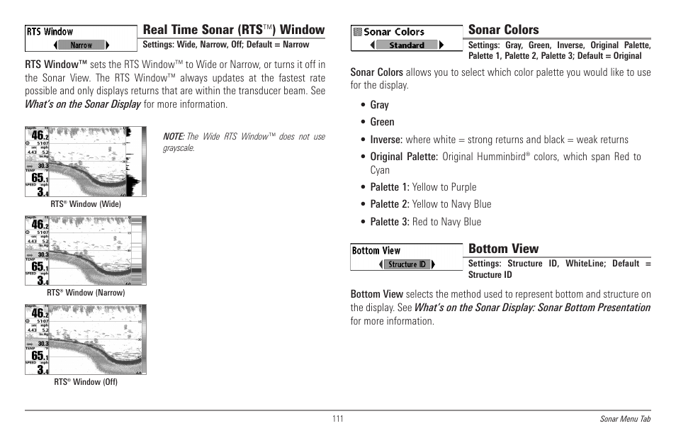 Real time sonar (rts ™ ) window, Sonar colors, Bottom view | Humminbird 998c SI User Manual | Page 121 / 160