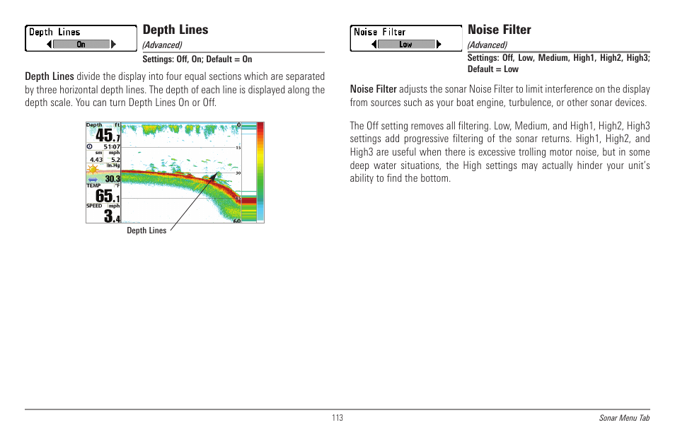 Depth lines, Noise filter | Humminbird 998c SI User Manual | Page 123 / 160