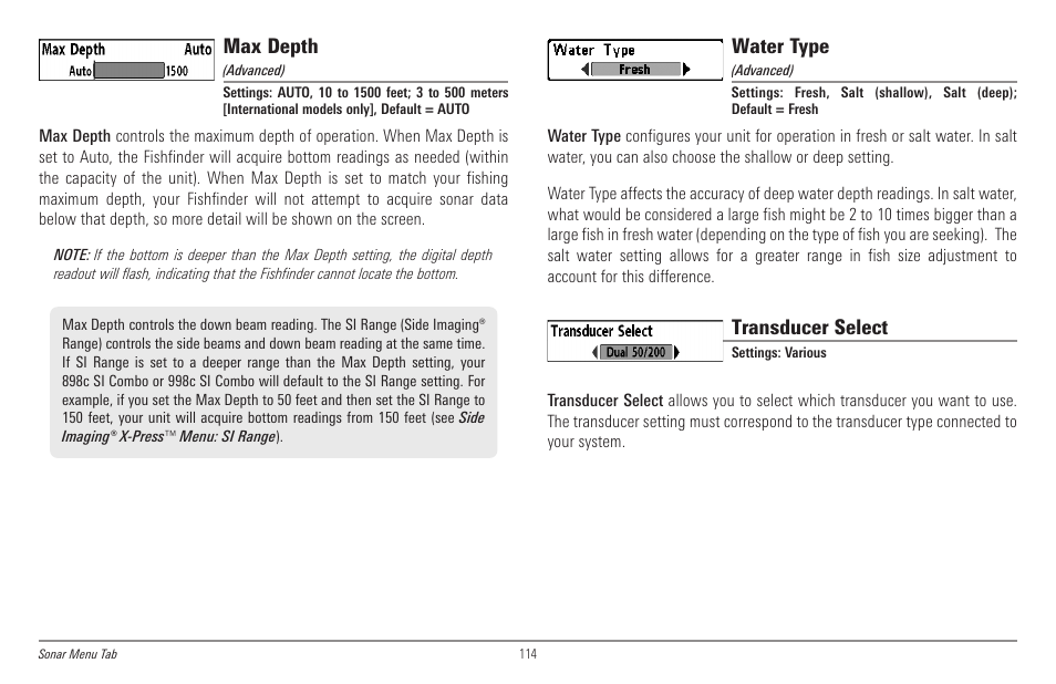 Max depth, Water type, Transducer select | Humminbird 998c SI User Manual | Page 124 / 160