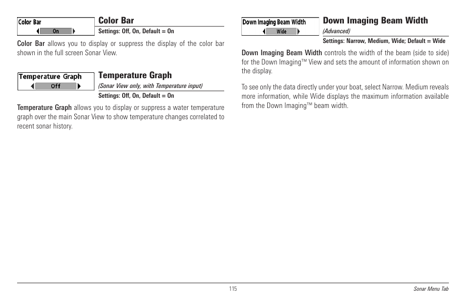 Color bar, Temperature graph, Down imaging beam width | Humminbird 998c SI User Manual | Page 125 / 160