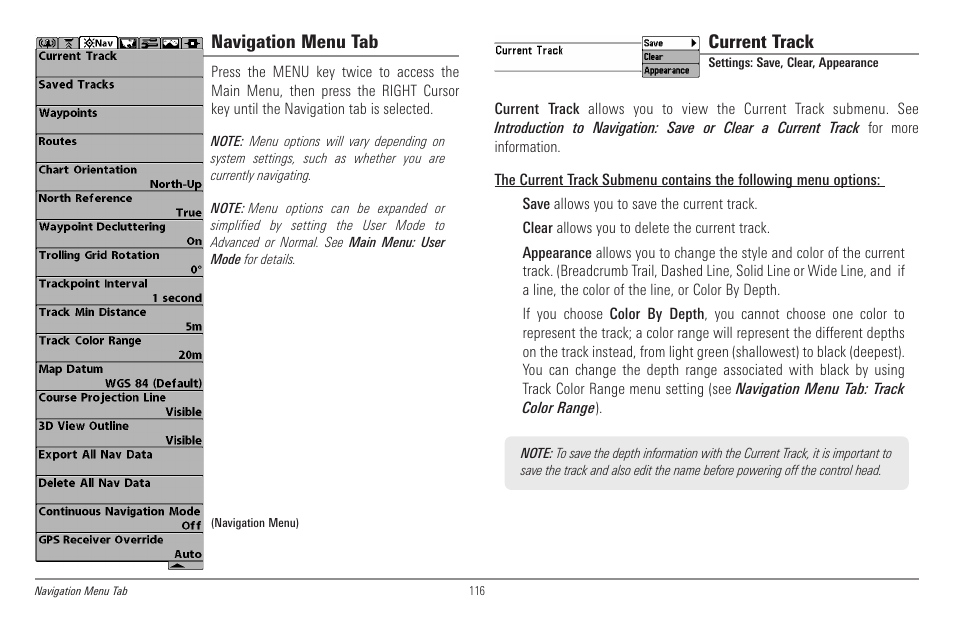 Navigation menu tab, Current track | Humminbird 998c SI User Manual | Page 126 / 160