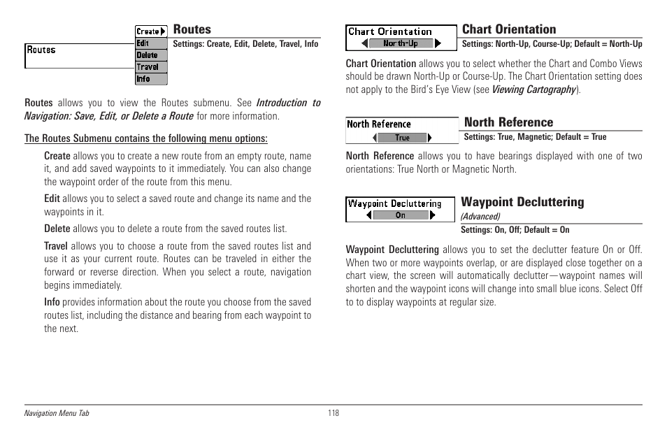 Routes, Chart orientation, North reference | Waypoint decluttering | Humminbird 998c SI User Manual | Page 128 / 160