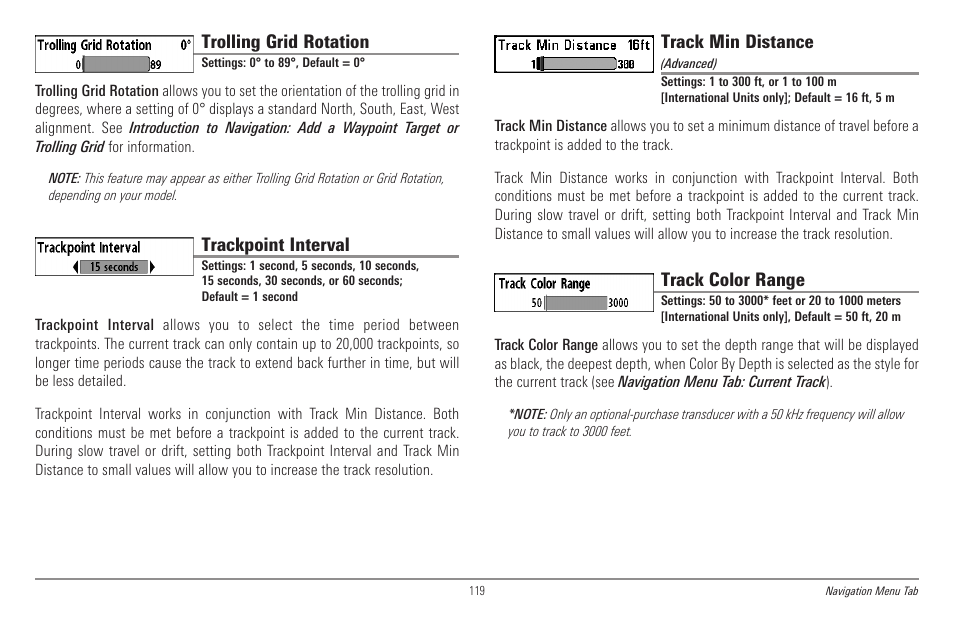 Trolling grid rotation, Trackpoint interval, Track min distance | Track color range | Humminbird 998c SI User Manual | Page 129 / 160