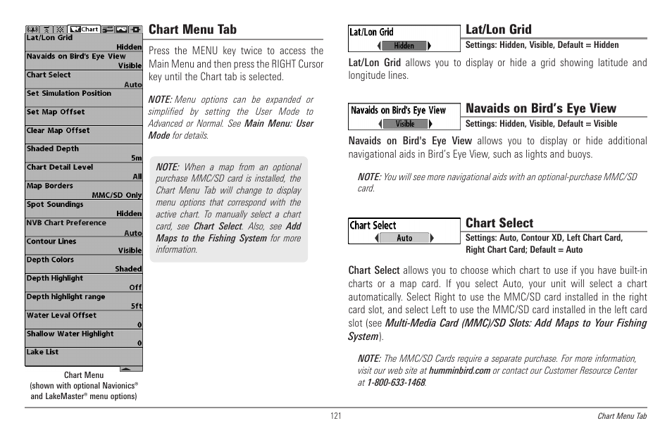 Chart menu tab, Lat/lon grid, Navaids on bird’s eye view | Chart select | Humminbird 998c SI User Manual | Page 131 / 160