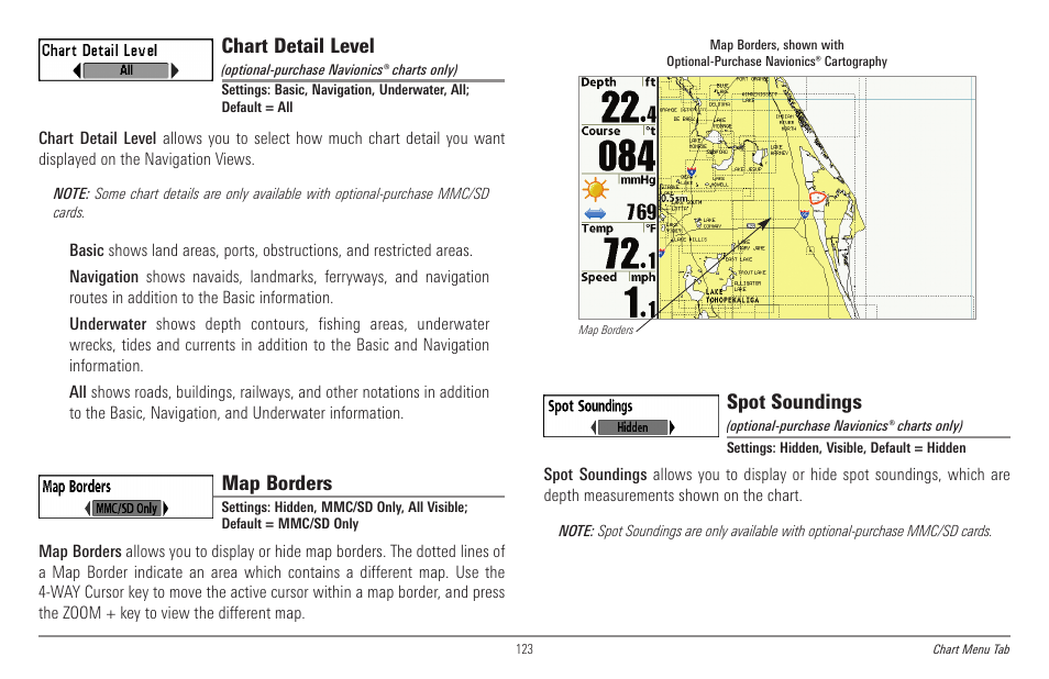 Chart detail level, Map borders, Spot soundings | Humminbird 998c SI User Manual | Page 133 / 160