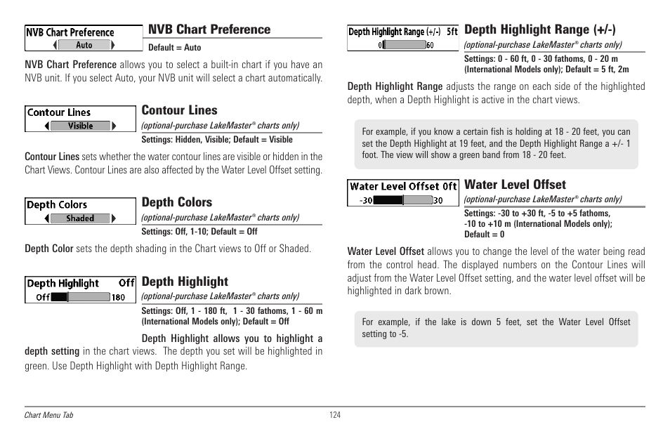 Nvb chart preference, Contour lines, Depth colors | Depth highlight, Depth highlight range (+/-), Water level offset | Humminbird 998c SI User Manual | Page 134 / 160