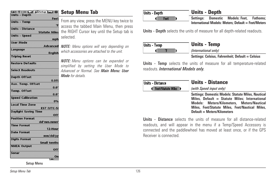 Setup menu tab, Units - depth, Units - temp | Units - distance | Humminbird 998c SI User Manual | Page 136 / 160