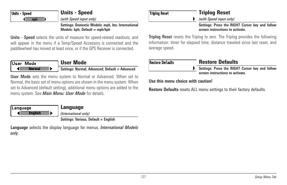 Units - speed, User mode, Language | Triplog reset, Restore defaults | Humminbird 998c SI User Manual | Page 137 / 160