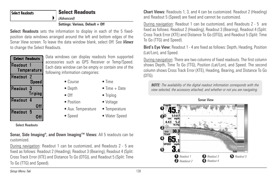 Select readouts | Humminbird 998c SI User Manual | Page 138 / 160