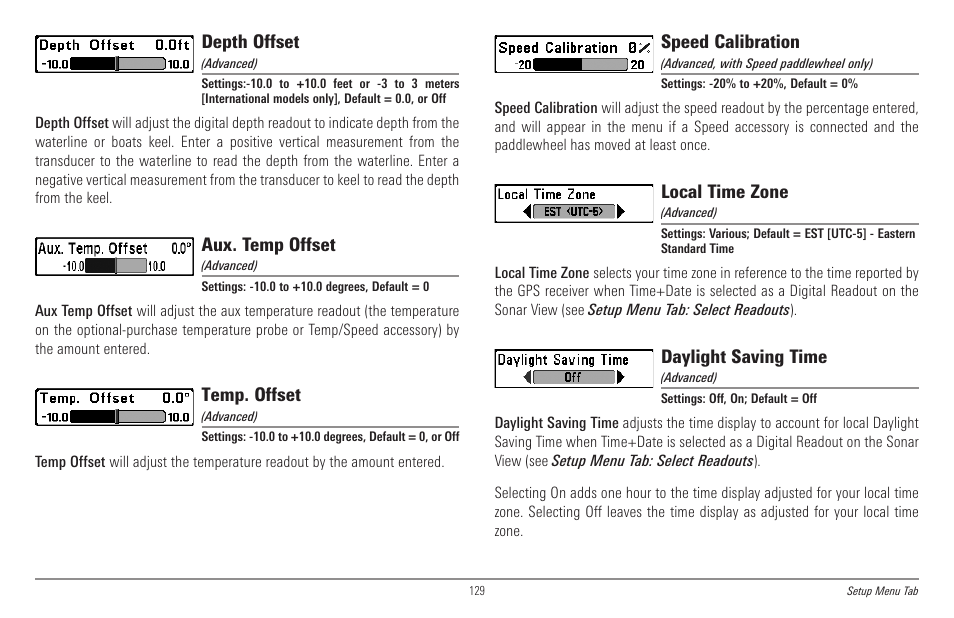 Depth offset, Aux. temp offset, Temp. offset | Speed calibration, Local time zone, Daylight saving time | Humminbird 998c SI User Manual | Page 139 / 160