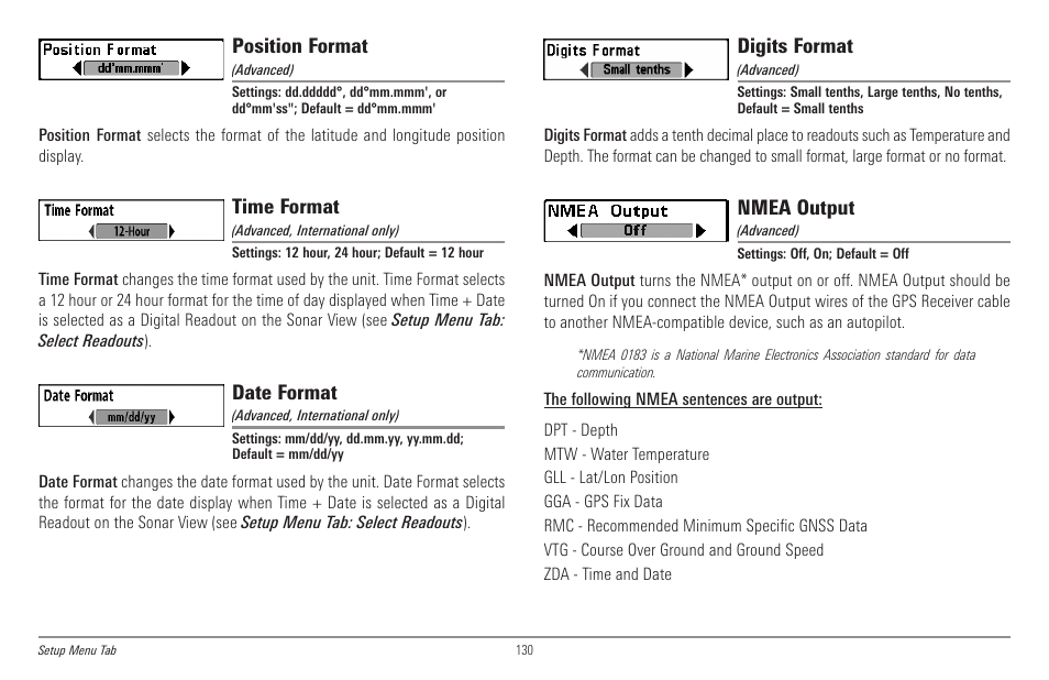 Position format, Time format, Date format | Digits format, Nmea output | Humminbird 998c SI User Manual | Page 140 / 160