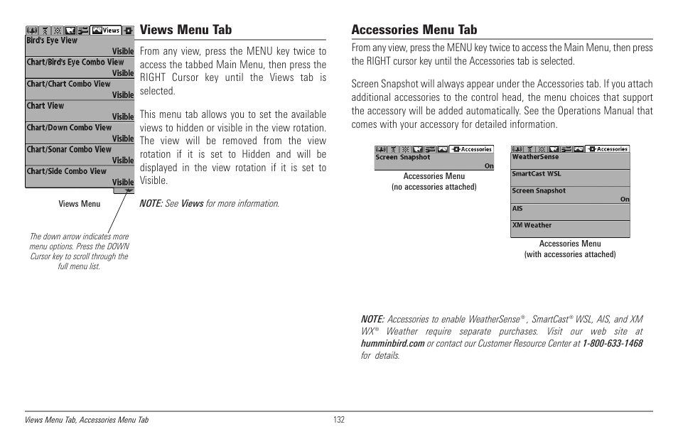 Views menu tab, Accessories menu tab | Humminbird 998c SI User Manual | Page 142 / 160