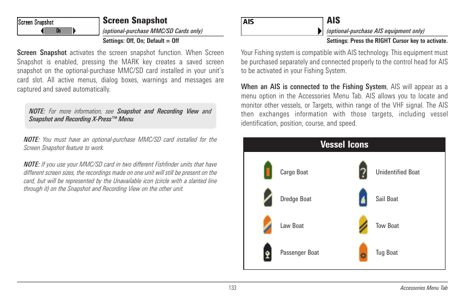 Vessel icons, Screen snapshot | Humminbird 998c SI User Manual | Page 143 / 160