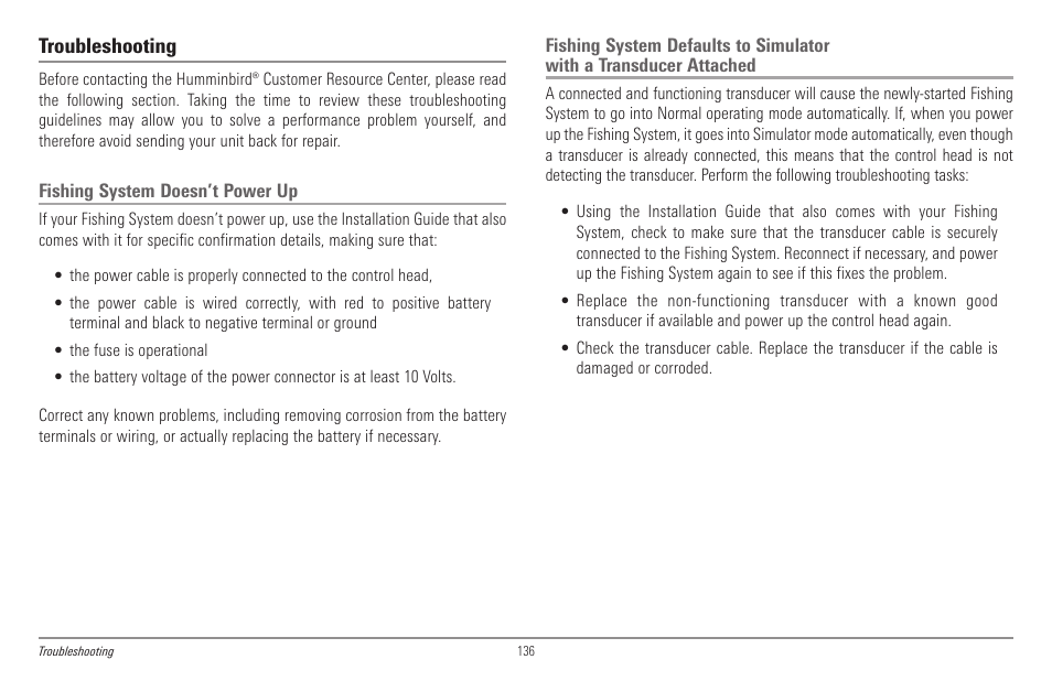Troubleshooting, Fishing system doesn’t power up | Humminbird 998c SI User Manual | Page 146 / 160