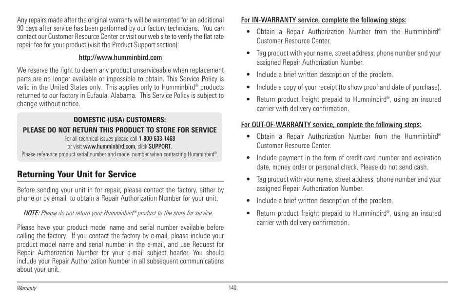 Returning your unit for service | Humminbird 998c SI User Manual | Page 150 / 160