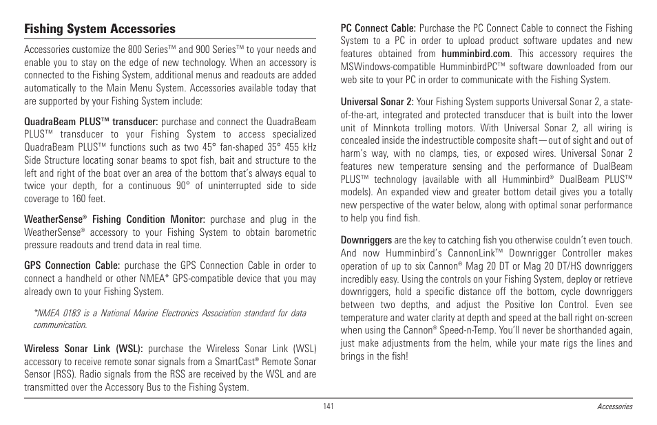 Fishing system accessories | Humminbird 998c SI User Manual | Page 151 / 160
