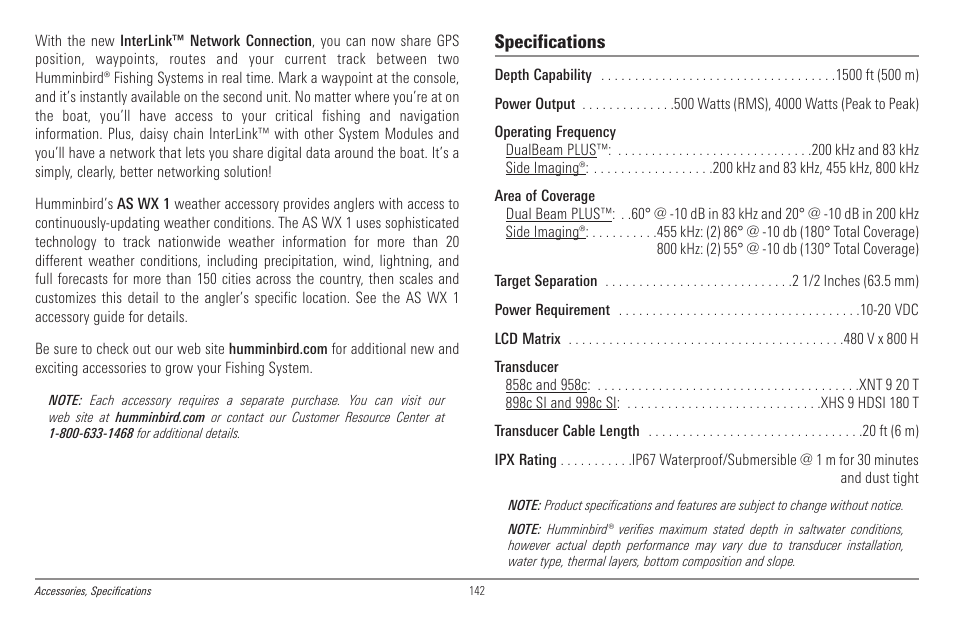 Specifications | Humminbird 998c SI User Manual | Page 152 / 160