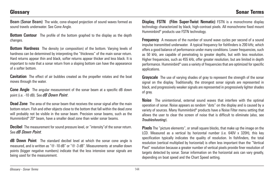 Glossary, Glossary sonar terms | Humminbird 998c SI User Manual | Page 154 / 160