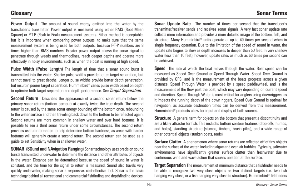 Glossary sonar terms | Humminbird 998c SI User Manual | Page 155 / 160