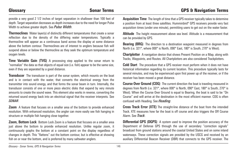 Glossary sonar terms gps & navigation terms | Humminbird 998c SI User Manual | Page 156 / 160