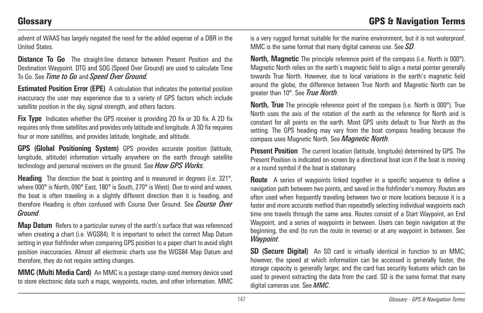 Glossary gps & navigation terms | Humminbird 998c SI User Manual | Page 157 / 160