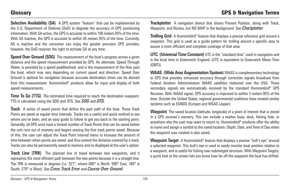 Glossary gps & navigation terms | Humminbird 998c SI User Manual | Page 158 / 160