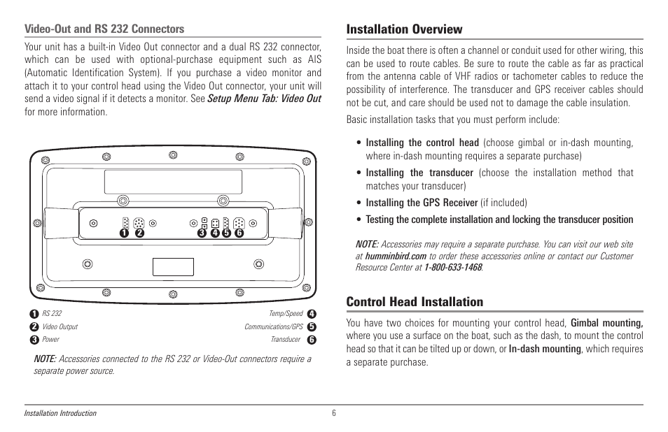 Video-out and rs 232 connectors, Installation overview, Control head installation | Humminbird 998c SI User Manual | Page 16 / 160