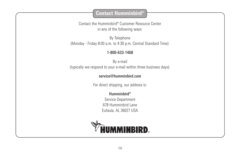 Contact humminbird | Humminbird 998c SI User Manual | Page 160 / 160