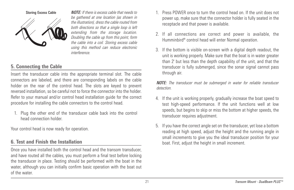 Connecting the cable, Test and finish the installation | Humminbird 998c SI User Manual | Page 31 / 160