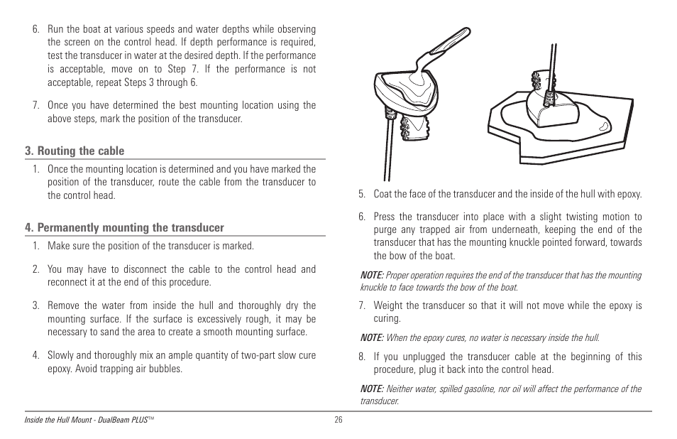 Routing the cable, Permanently mounting the transducer | Humminbird 998c SI User Manual | Page 36 / 160