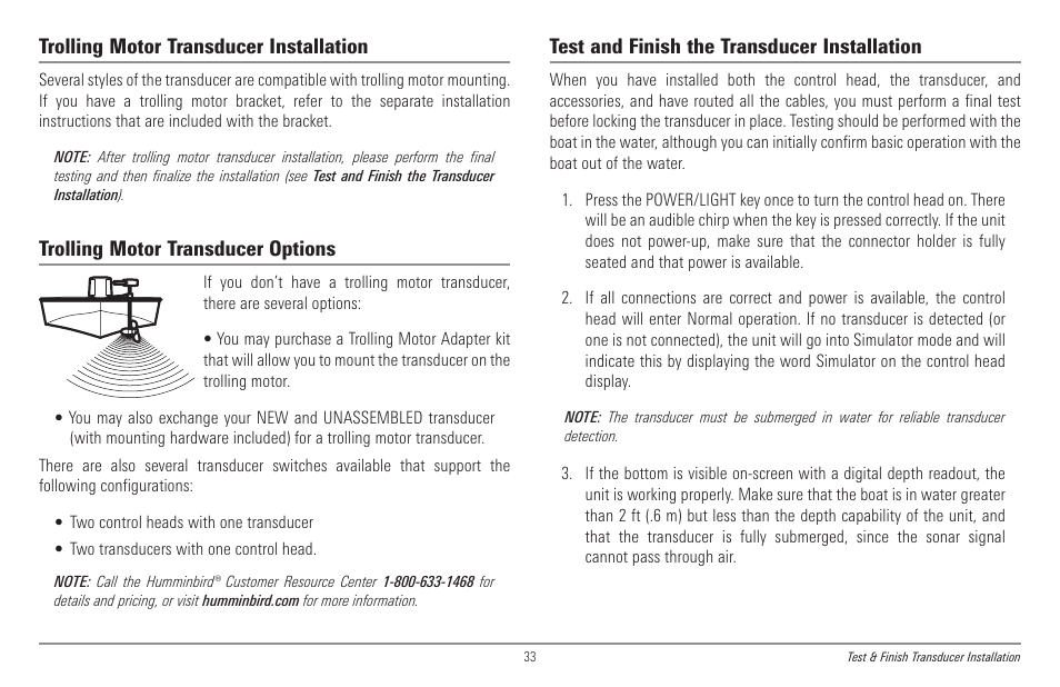 Trolling motor transducer installation, Trolling motor transducer options, Test and finish the transducer installation | Humminbird 998c SI User Manual | Page 43 / 160