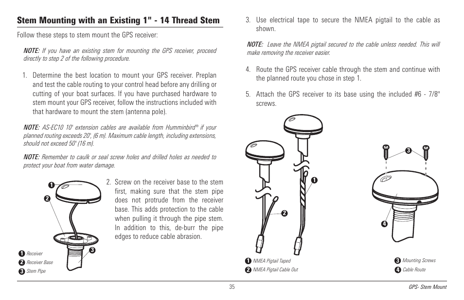 Stem mounting with an existing 1" - 14 thread stem | Humminbird 998c SI User Manual | Page 45 / 160