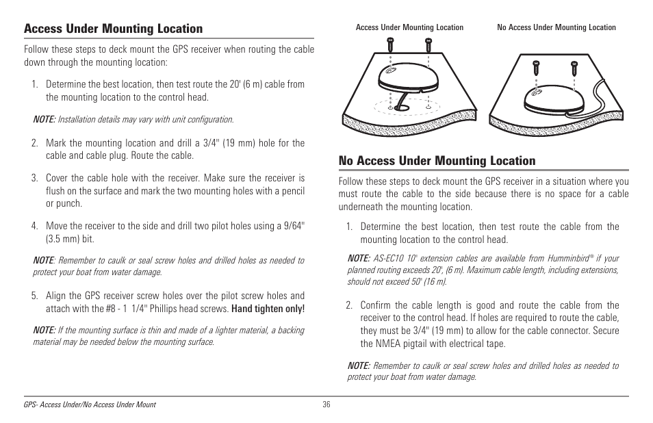 Access under mounting location, No access under mounting location | Humminbird 998c SI User Manual | Page 46 / 160