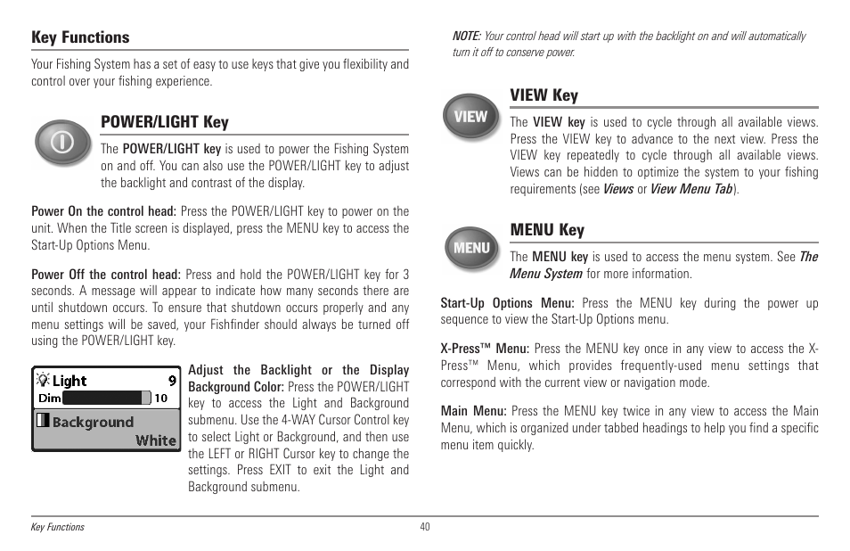 Key functions, Power/light key, View key | Menu key | Humminbird 998c SI User Manual | Page 50 / 160