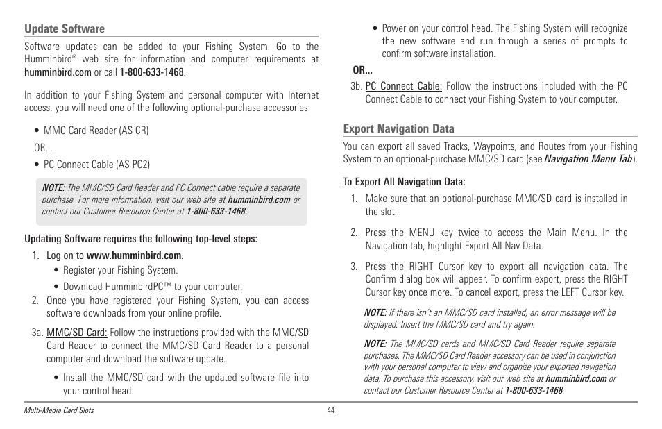 Update software, Export navigation data | Humminbird 998c SI User Manual | Page 54 / 160